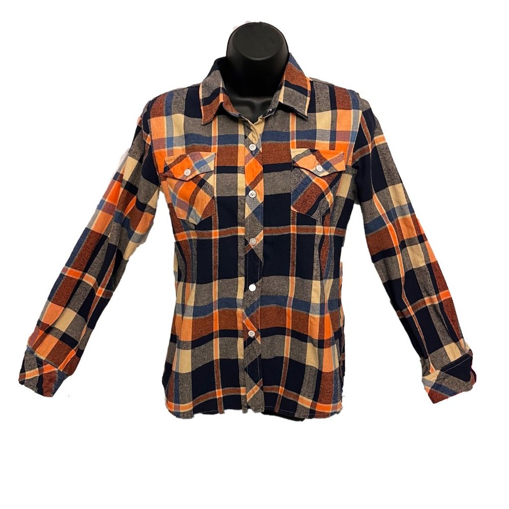 Plaid Button Down Shirt Navy/Orange 100% Cotton Long Sleeve Warm 2 Pockets